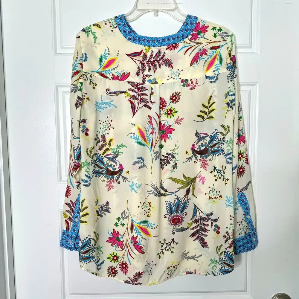 Talbots Womens Large LS Cream Floral Popover Tunic Blouse Career Casual - Picture 2 of 9